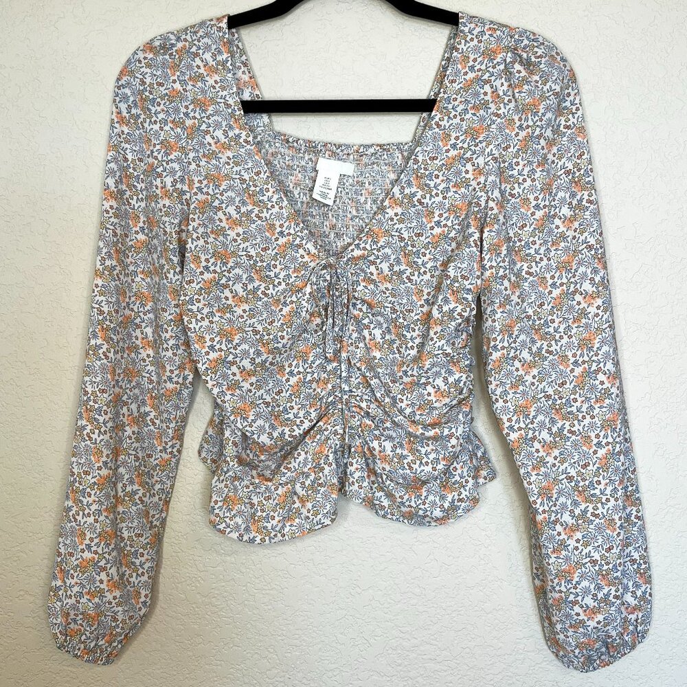 H&M Ruched Milkmaid Crop Top Ditsy Floral Cottagecore Blouse Small